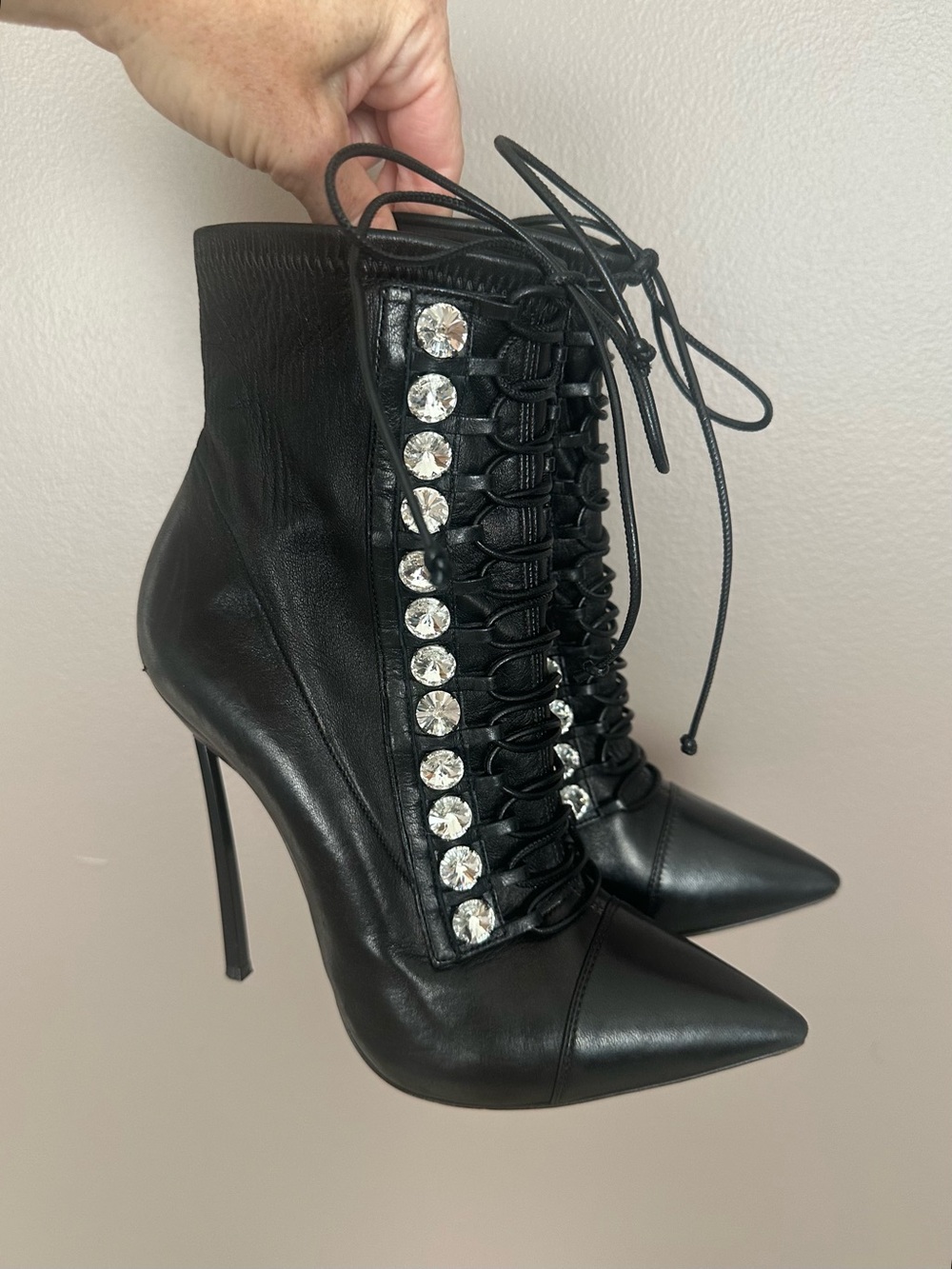 Casadei Lena Blade Crystal Embellished Lace-Up Stiletto Ankle Boots